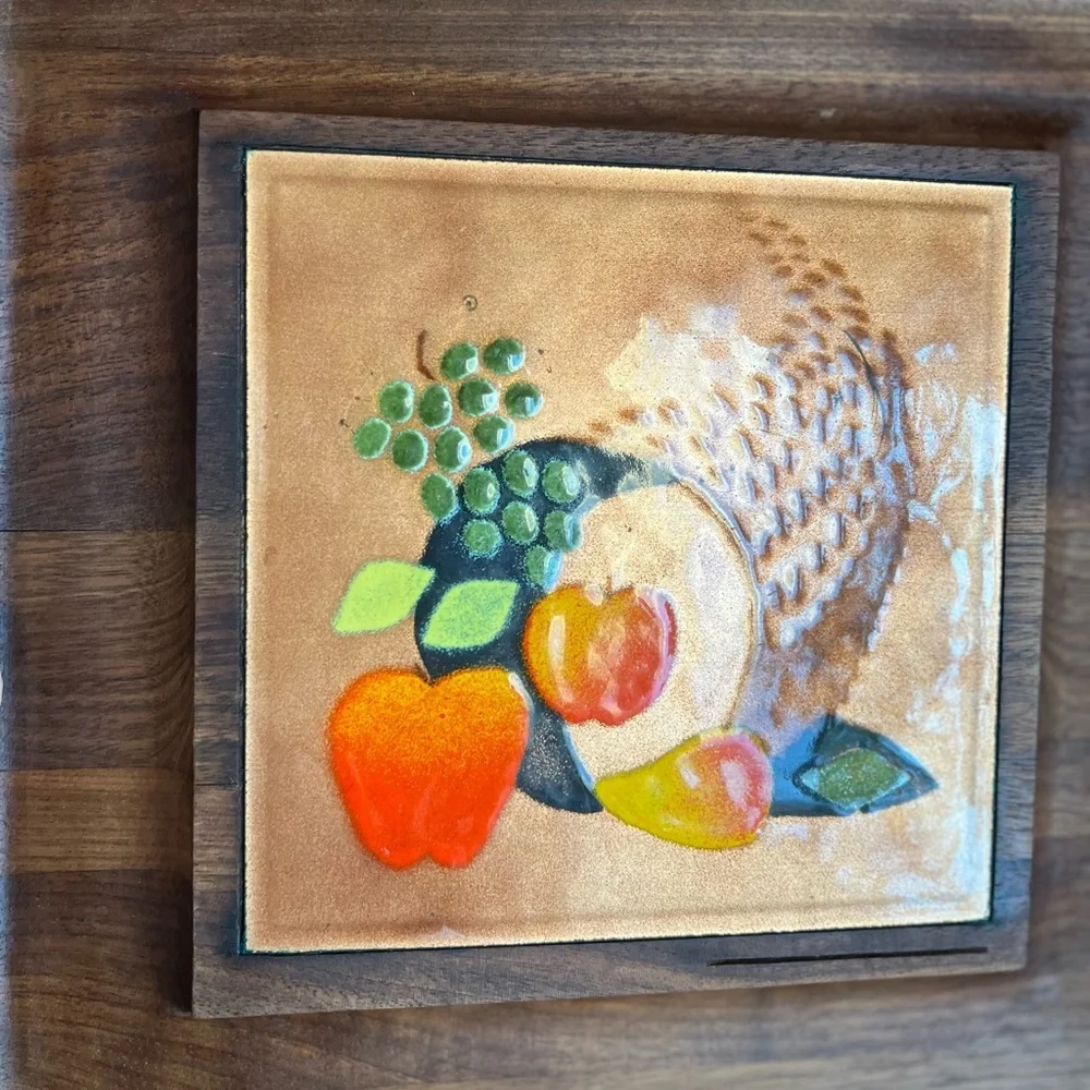 Vintage MCM Wood Serving Tray w Metal Inlay Cornucopia Harvest 12x12 Boho Decor